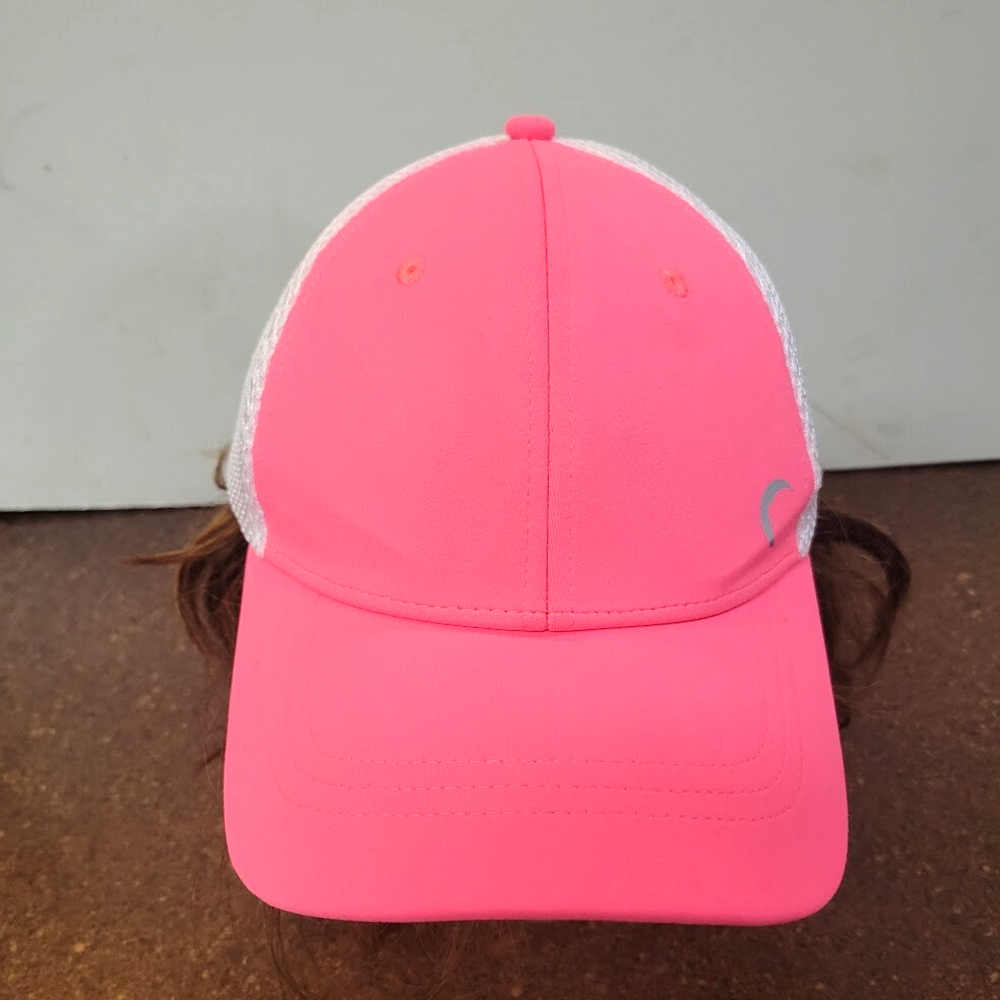 ZYIA Active Women’s Ponytail Holder Baseball Hat White Pink Padded Meshback L/XL